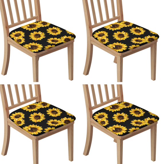 Black Sunflower Seat Covers for Dining Room Chairs Set Of 4,Stretch Printed Washable Chair Seat Cover with Elastic Ties and Button,Removable Waterproof Couch Cushion Covers