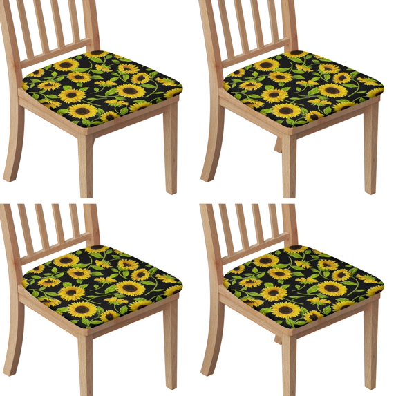 Black Sunflower Seat Covers for Dining Room Chairs Set Of 4,Stretch Printed Washable Chair Seat Cover with Elastic Ties and Button,Removable Waterproof Couch Cushion Covers