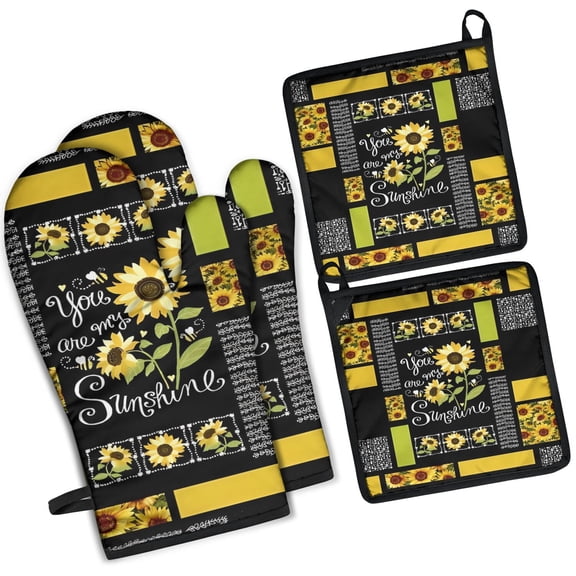 Black Sunflower Sunshine Pattern Kitchen Oven Mitt and Pot Holder Sets 4 Pcs for Baking, Cooking and Grilling, Heat Resistant Up To 392 °F