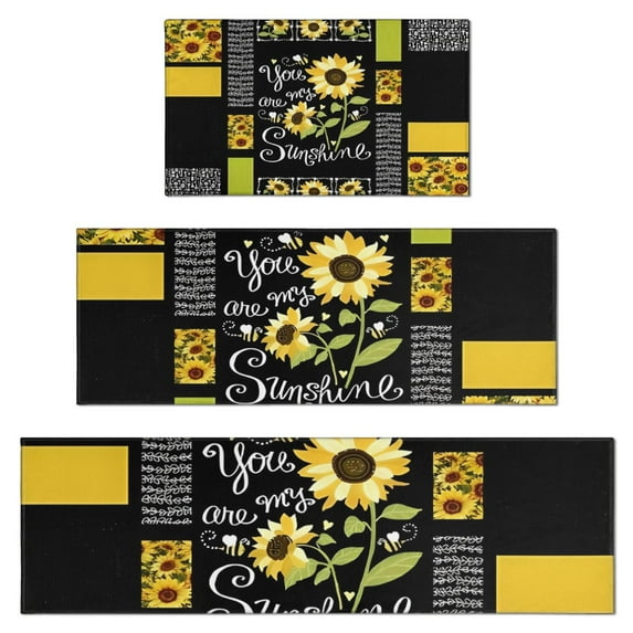 Black Sunflower Sunshine Pattern Kitchen Rugs Sets Of 3,Kitchen Runner Rugs Non Skid Washable,Decorative Kitchen Floor Mats for Kitchen,Sink,Laundry,17"x30"+ 17"x47" + 17"x59"