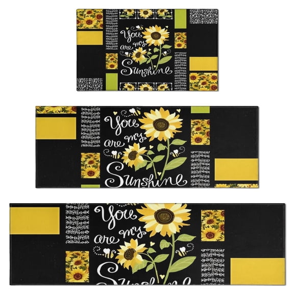 Black Sunflower Sunshine Pattern Kitchen Rugs Sets Of 3,Kitchen Runner Rugs Non Skid Washable,Decorative Kitchen Floor Mats for Kitchen,Sink,Laundry,17"x30"+ 17"x47" + 17"x59"