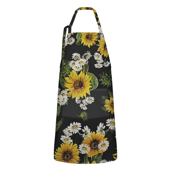 Black Sunflower White Daisy Pattern Apron-Garden Aprons for Women with Pockets-Cotton Linen Waterproof Kitchen Cooking Gardening Aprons Adjustable for Kitchen,Cooking,BBQ and Salon 33x27 Inch
