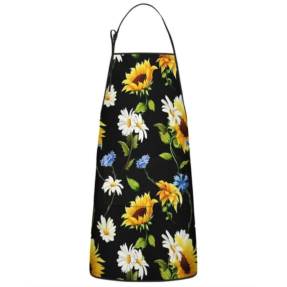 Black Sunflower White Daisy Pattern Apron-Garden Aprons for Women with Pockets-Cotton Linen Waterproof Kitchen Cooking Gardening Aprons Adjustable for Kitchen,Cooking,BBQ and Salon 33x27 Inch