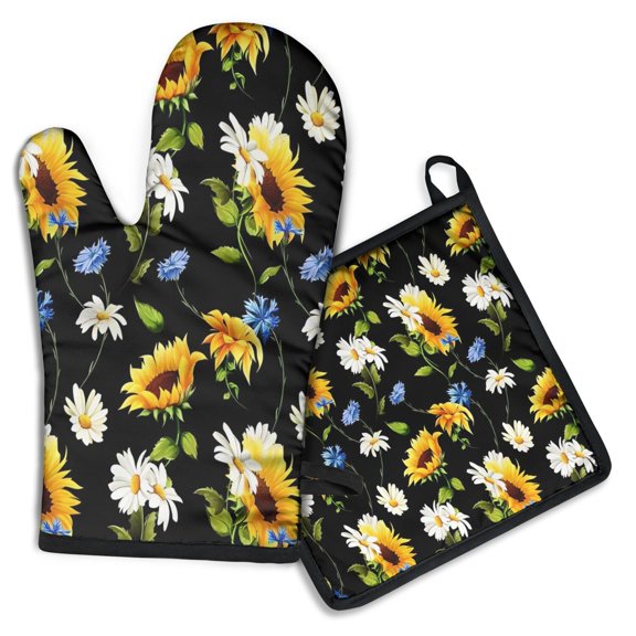 Black Sunflower White Daisy Pattern Kitchen Oven Mitt and Pot Holder Sets 2 Pcs for Baking, Cooking and Grilling, Heat Resistant Up To 392 °F