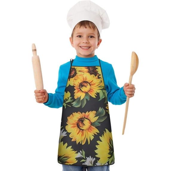 Black Sunflower White Flower Pattern Kids Aprons for Girls and Boys,Adjustable Neck Strap Toddler Aprons for Kids Cooking Baking