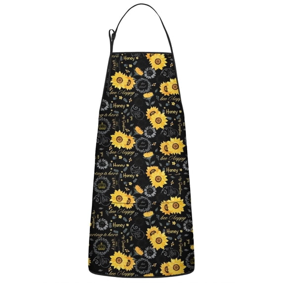 Black Sunflower Word Pattern Apron-Garden Aprons for Women with Pockets-Cotton Linen Waterproof Kitchen Cooking Gardening Aprons Adjustable for Kitchen,Cooking,BBQ and Salon 33x27 Inch