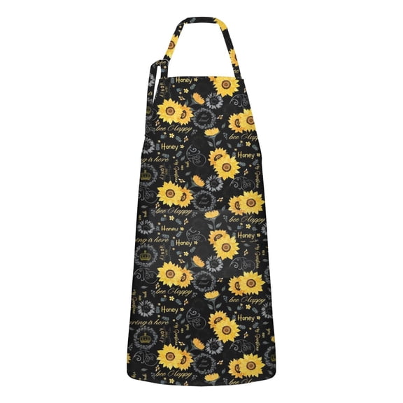 Black Sunflower Word Pattern Apron-Garden Aprons for Women with Pockets-Cotton Linen Waterproof Kitchen Cooking Gardening Aprons Adjustable for Kitchen,Cooking,BBQ and Salon 33x27 Inch