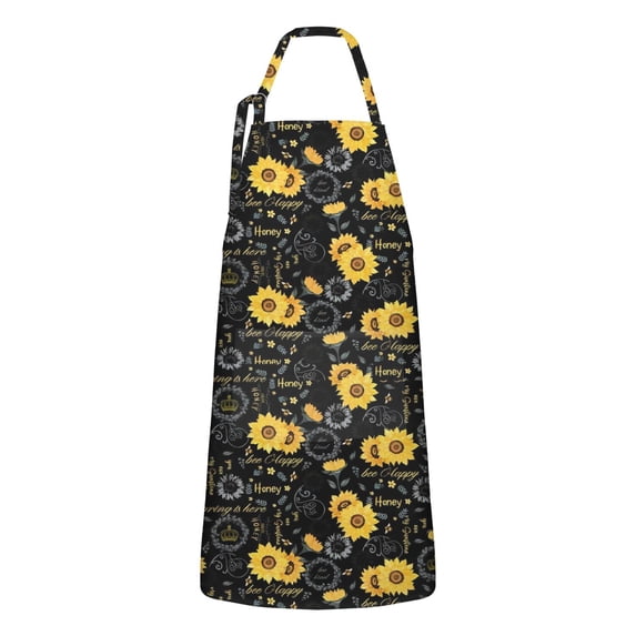Black Sunflower Word Pattern Apron-Garden Aprons for Women with Pockets-Cotton Linen Waterproof Kitchen Cooking Gardening Aprons Adjustable for Kitchen,Cooking,BBQ and Salon 33x27 Inch