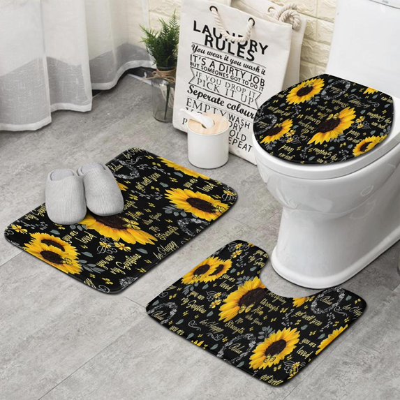 Black Sunflower Word Pattern Bathroom Rugs Sets 3 Piece,Toilet Cover Set,Absorbent Non Slip Bathroom Mats Sets with U-Shaped Contour Rug Toilet Rug Set
