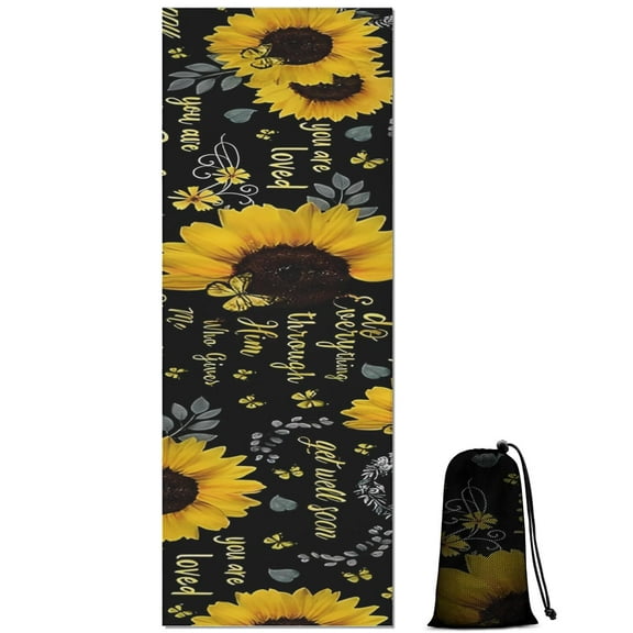 Black Sunflower Word Pattern Hot Yoga Mat Towel Non Slip for Hot Yoga - Quick-Drying Yoga Mat Cover with 4 Corner Pockets with Travel Bag - Hot Yoga Towel Non Slip Grip Moisture Wicking Sweat 70"x26"