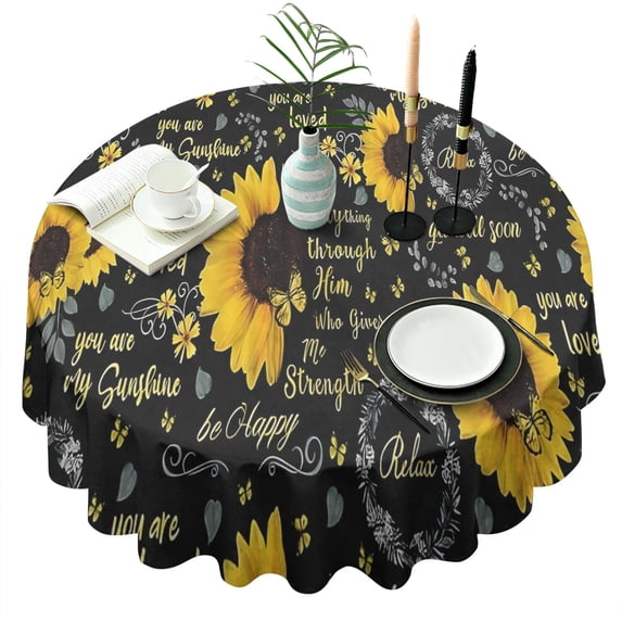 Black Sunflower Word Pattern Round Tablecloth 60"x60",Wrinkle Wipeable Table Cloth for Kitchen Dining Room Picnic Patio Party
