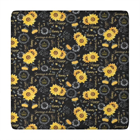 Black Sunflower Word Pattern Square Fitted Tablecloth with Elastic Edge,Square Table Cover,Washable Elastic Table Cover for Home Kitchen Party Decor 34"x34"