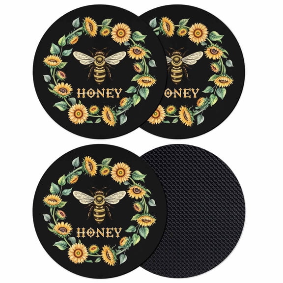 Black Sunflowers Bees Coasters Set of 4, Absorbent Coasters for Drinks, Farmhouse Honey Floral Rings Coaster for Desk Coffee Table Protection, Home Decor House Warming Gifts 4"