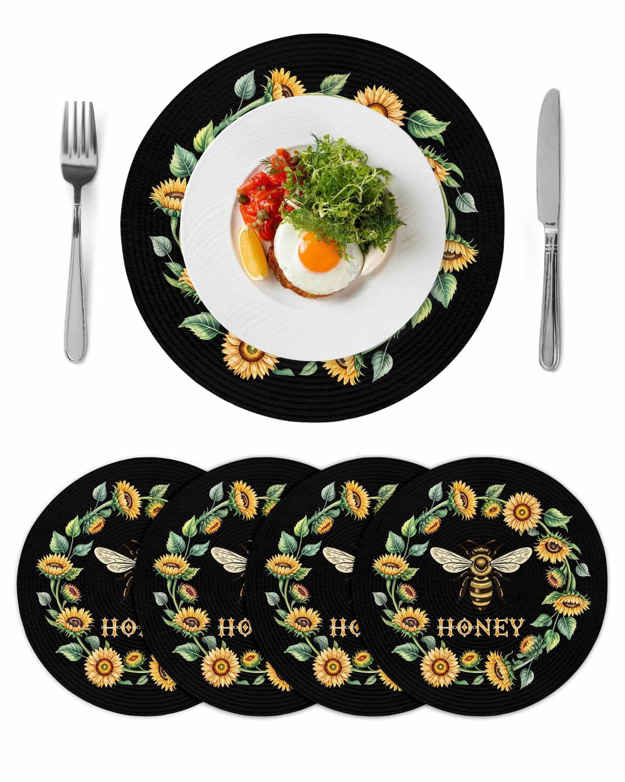 Black Sunflowers Bees Round 15 Inch Placemats Set of 4, Farmhouse Honey ...