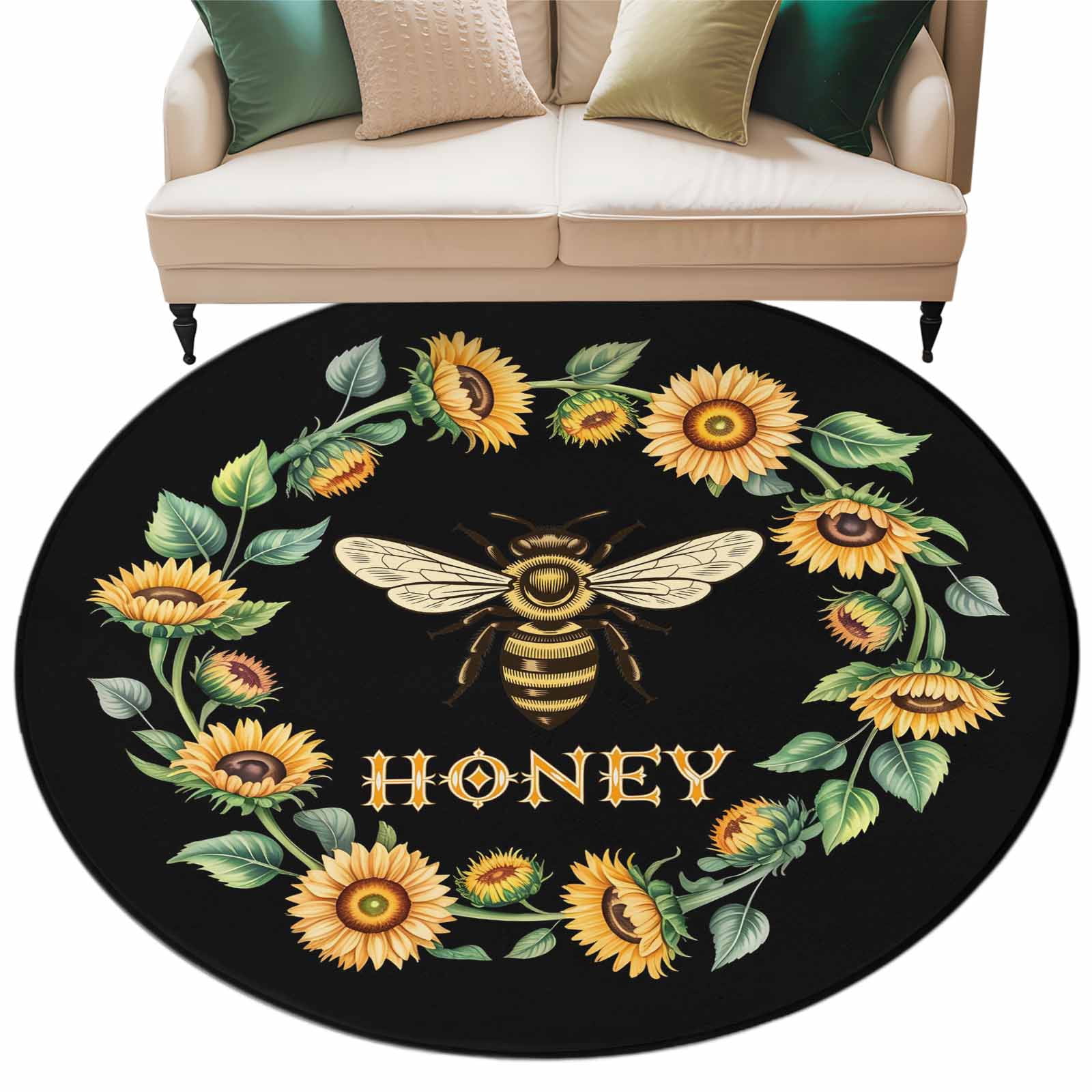 Black Sunflowers Bees Round Area Rugs Collection 6', Farmhouse Honey ...