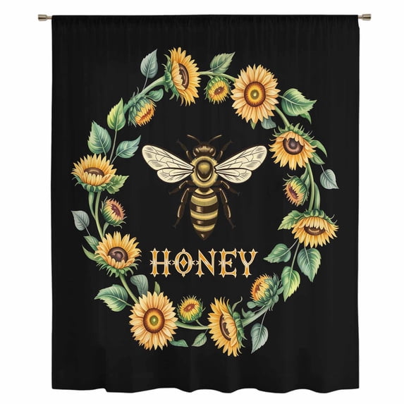 Black Sunflowers Bees Sheer Curtains 84 Inches Long, Farmhouse Honey Floral Rings Light Filering Curtains, Breathable Simi Curtain Privacy Drapes for Living Room Bedroom Lightweight Window Treatment