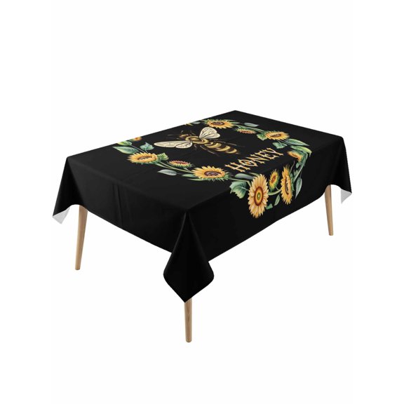 Black Sunflowers Bees Table Cloth, Waterproof Tablecloth for Rectangle Tables, Farmhouse Honey Floral Rings Reusable Washable Fabric Table Cover for Restaurant Kitchen Dining Tables 60"x120"