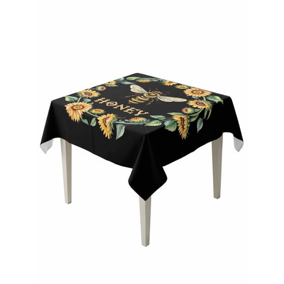 Black Sunflowers Bees Table Cloth, Waterproof Tablecloth for Square Tables, Farmhouse Honey Floral Rings Reusable Washable Fabric Table Cover for Restaurant Kitchen Dining Tables 54"x54"
