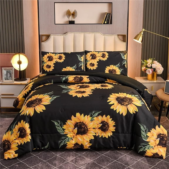 Black Sunflowers Comforter Set Yellow Floral Botanical 3-Pieces Microfiber Bedding Quilt for Girls Teens (Black, )