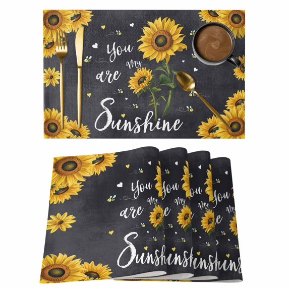 Black Sunflowers Placemats Set of 6, Vintage Garden Floral Bees Farmhouse Placemats for Dining Table, Place Mats for Kitchen Tabletop, Waterproof Wipeable Dining Table Mats Set