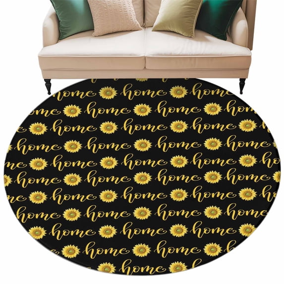 Black Sunflowers Rustic Round Rug 8ft Washable Circle Rugs Non Slip ...