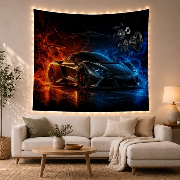 Black Supercar Beneath Blueprints and Floating Parts, Dramatic Digital Art for Racing Fans, Technical Speed Decor, Birthday Gift, Tapestry Wall Hanging for Garage and Workshop