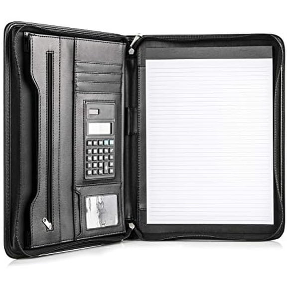 Black Superior Vegan Leather Business Portfolio with Zipper – Padfolio All-in-One. Smartest Protective 10.1 Inch Tablet Sleeve, Presentation Slot, Solar Calculator, Card Storage, Writing Pad