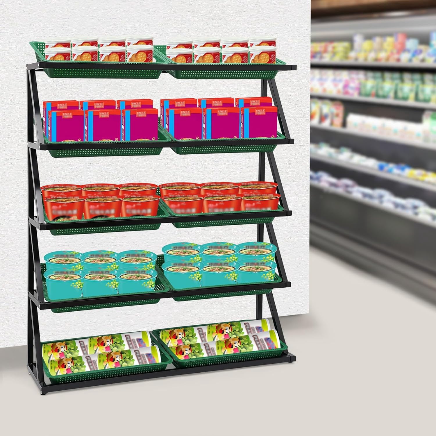 Retail Toy Racks Black Supermarket Retail Rack Display Stand with Baskets, Freestanding ...