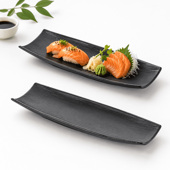Black Sushi Plates Stoneware Rectangular Teppanyaki Plate Sashimi Longese 12.5 Inch Set Of 2(black)