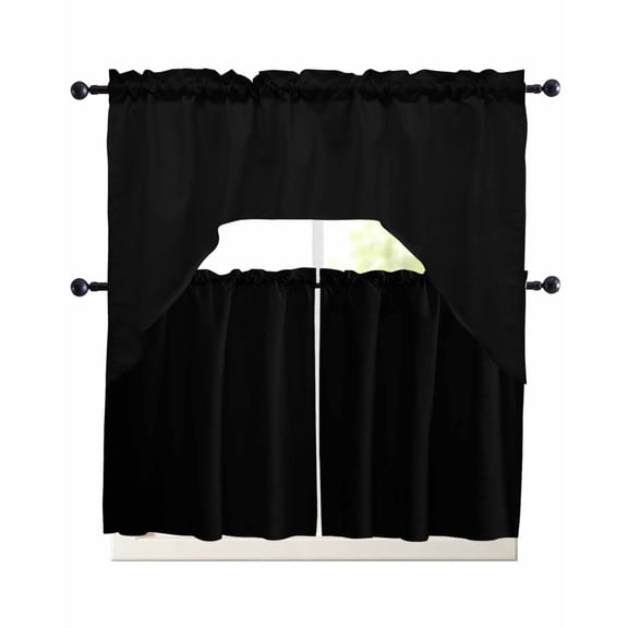 Black Swag Kitchen Curtains Sets for Windows 24 Inch Length, Solid Color Farmhouse Black Short Window Curtain Panels Swags Valances and Tiers 3 Piece Set for Cafe/Dining Room