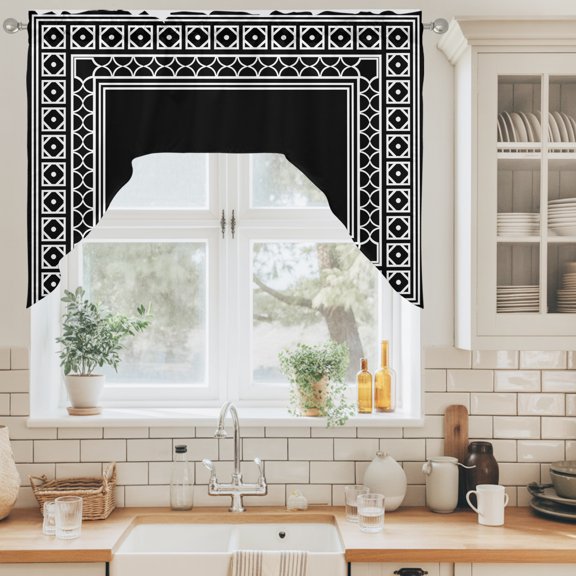 Black Swag Valance for Windows, Boho Diamond Pattern Border Rustic Southwestern Swag Curtains Valances for Small Window Treatment Rod Pocket for Kitchen Bathroom 1 Panel 56x36in
