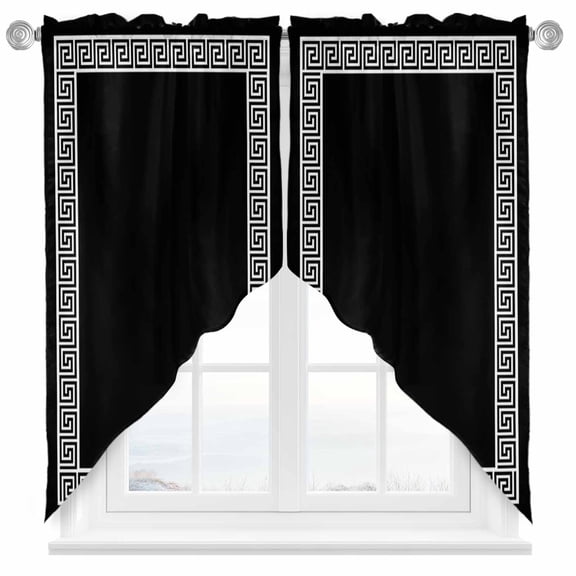 Black Swag Valances for Windows 2 Pack Greek Chinese Style Border Geometric Swag Kitchen Curtains 36 Inches Long Rod Pocket Short Window Treatment for Kitchen Bathroom 36"x36"