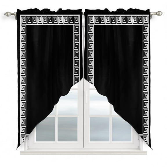Black Swag Valances for Windows 36 inches Long, Greek Chinese Style Border Geometric Swag Curtains Privacy Light Filtering Curtain Tiers for Kitchen Bathroom 28" W x 36" L, 2 Panels