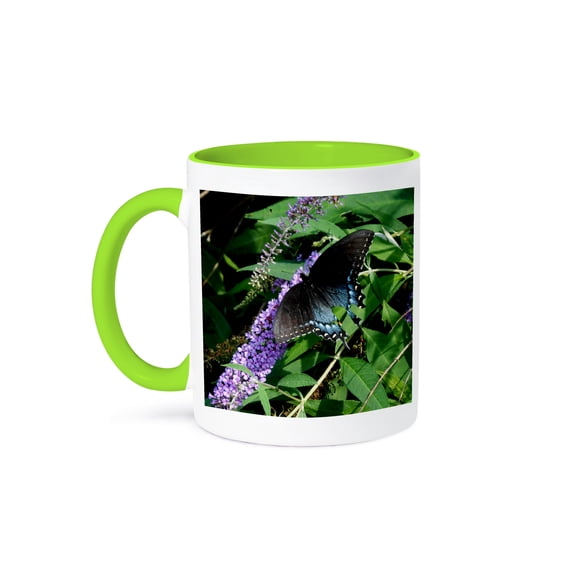 3dRose, Black swallowtail butterfly on pink flowers, 15oz Two-Tone Green Mug