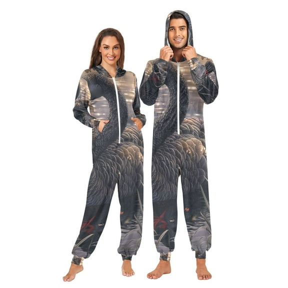 Black Swan Adult Onesie Pajamas Slim Fit Christmas One Piece Suit Pjs for Women and Men Hooded Zipper