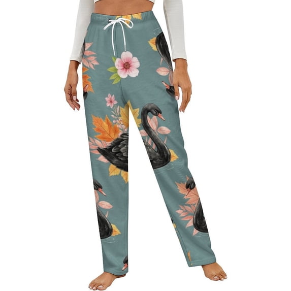 Black Swan Floral Pattern Winter Female Pants Flannel High Waist Women Pants Lady Warm Straight Leg Plush Trousers