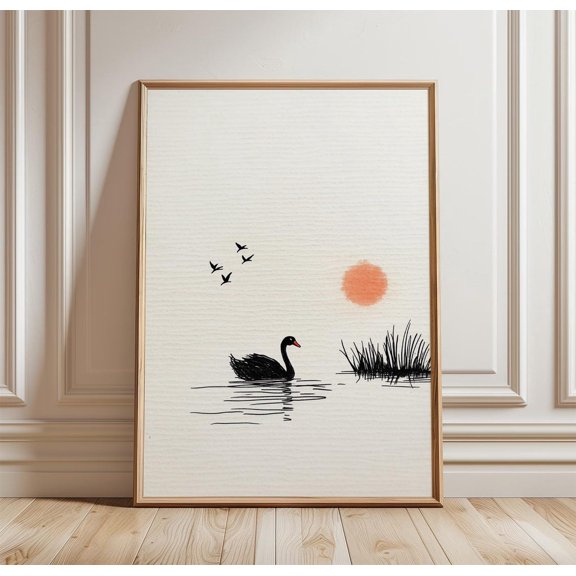 Black Swan Japanese Ink Wall Art Decor Unframed Paper Print