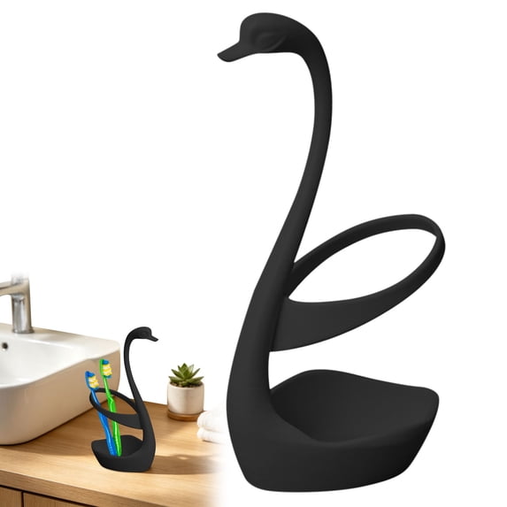 Black Swan‑Shaped Organizer with Drainage Base, Matte Plastic Multi‑Purpose Storage Rack, Stylish Holder for Bathroom Toothbrush, Desk Pen and Kitchen Cutlery