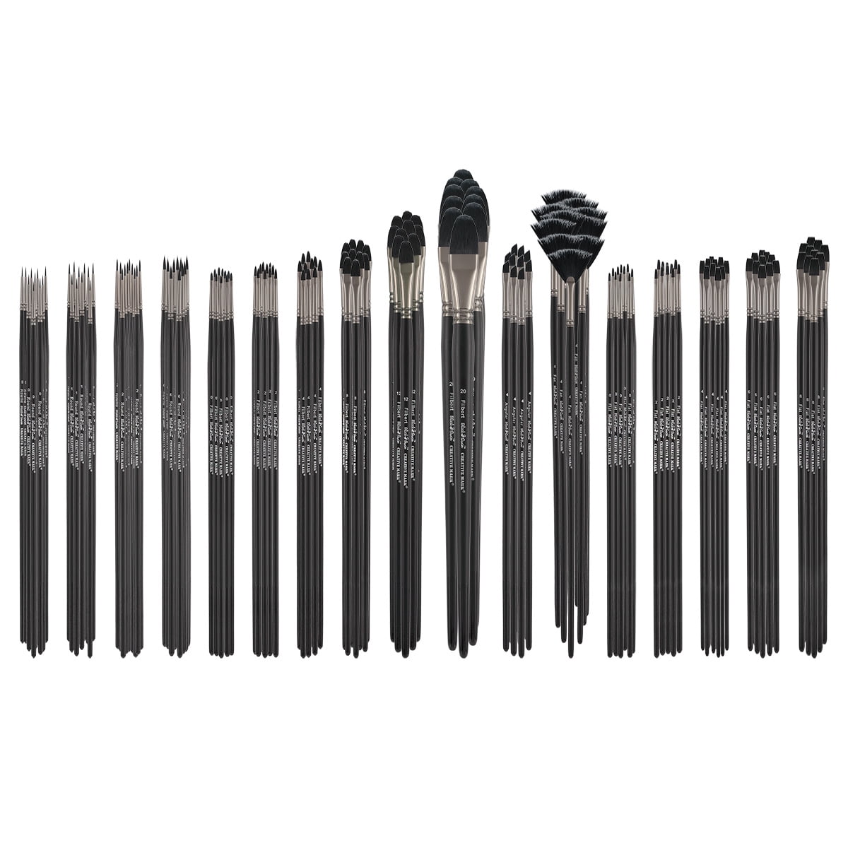 Black Swan Synthetic Paint Brush Set - Bulk Pack of 170 Sable Brushes with Long Handles - Seamless Nickel-Plated Brass Ferrules - Ideal for Acrylics, Oils, Glazing & Washes - Durable & Resilient