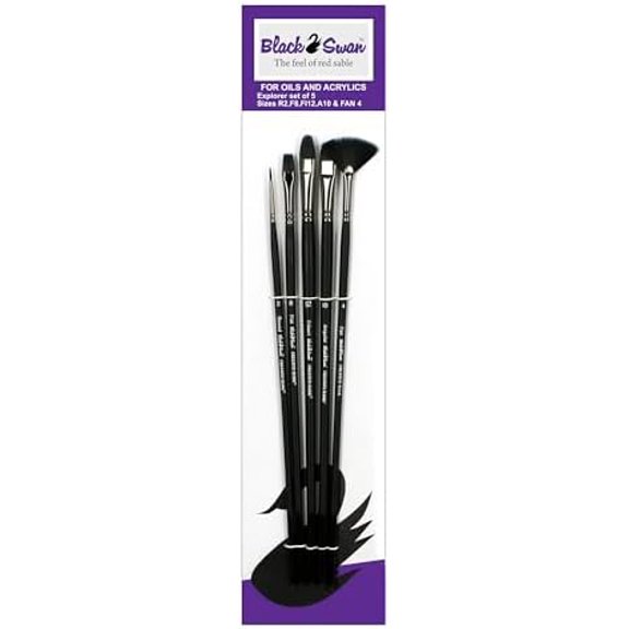 Black Swan Synthetic Red Sable Paint Brushes Explorer Set of 5 - Long Handle Paint Brushes in Assorted Shapes and Sizes for Oil, Heavy Body Media and Acrylic$$Art & Craft