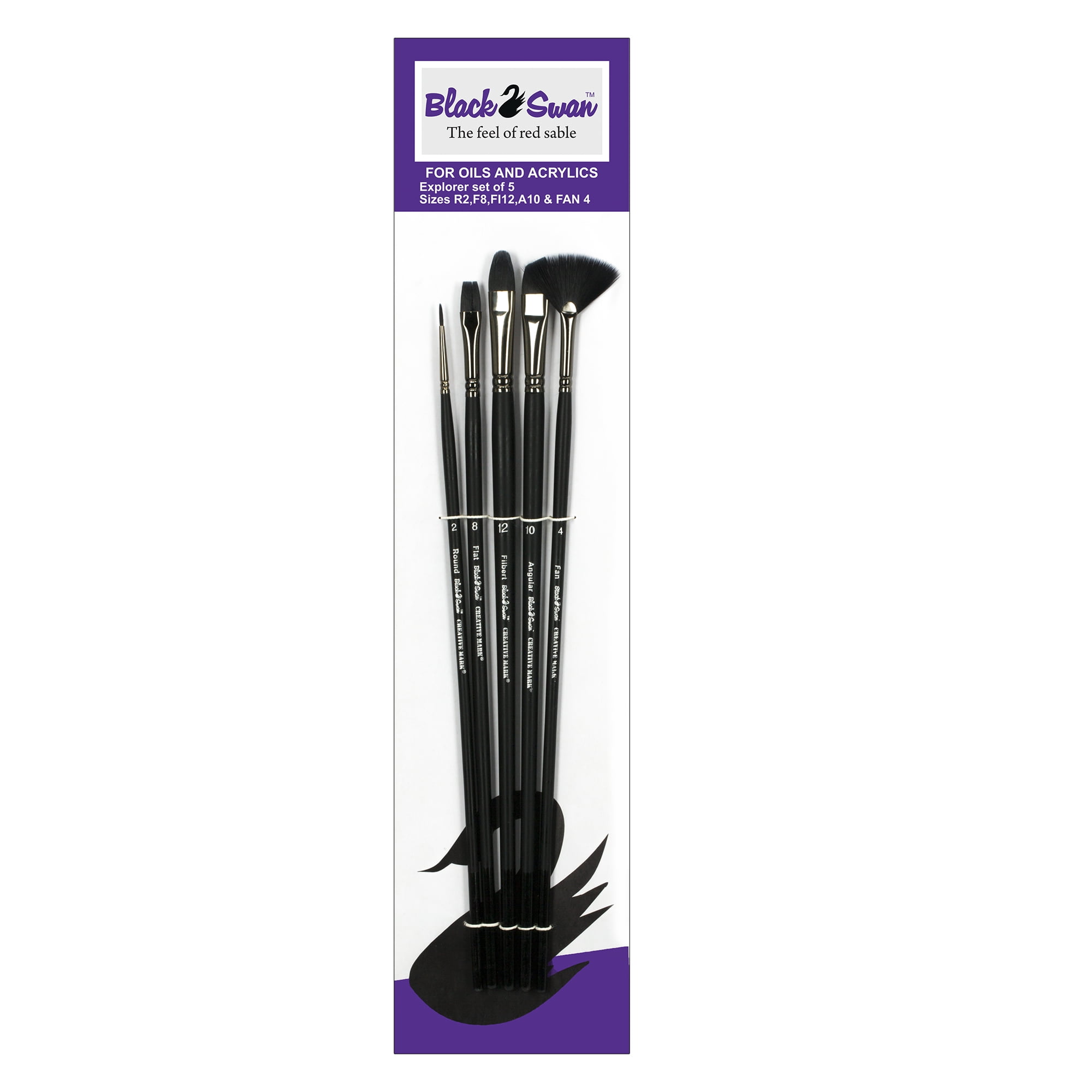 Black Swan Synthetic Red Sable Paint Brushes Explorer Set of 5 - Long Handle Paint Brushes in Assorted Shapes and Sizes for Oil, Heavy Body Media and Acrylic