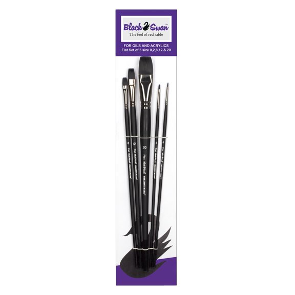 Black Swan Synthetic Red Sable Paint Brushes Flat Set of 5 - Professional Quality Long Handle Paint Brushes for Oil, Heavy Body Media and Acrylic - Artists of All Levels
