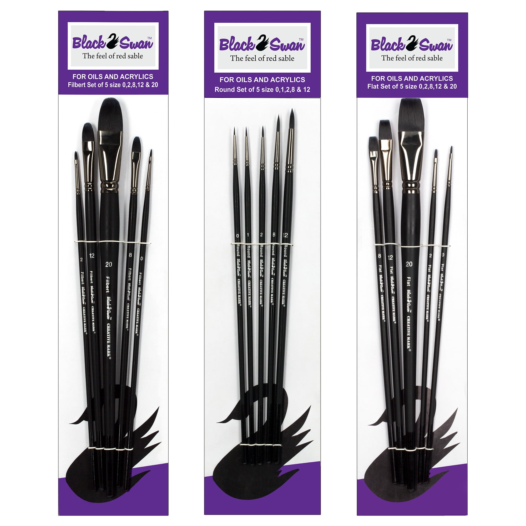 Black Swan Synthetic Red Sable Paint Brushes Set of 15 High Quality