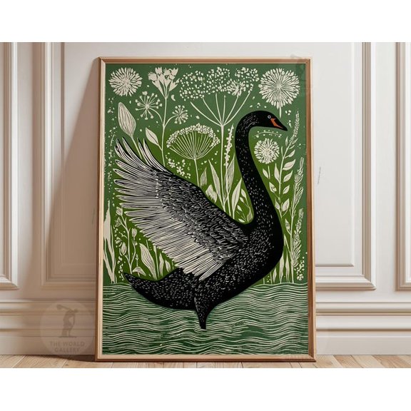 Black Swan Wing Green Linocut Bird Wall Art Print, Unframed Paper Poster 8x10in