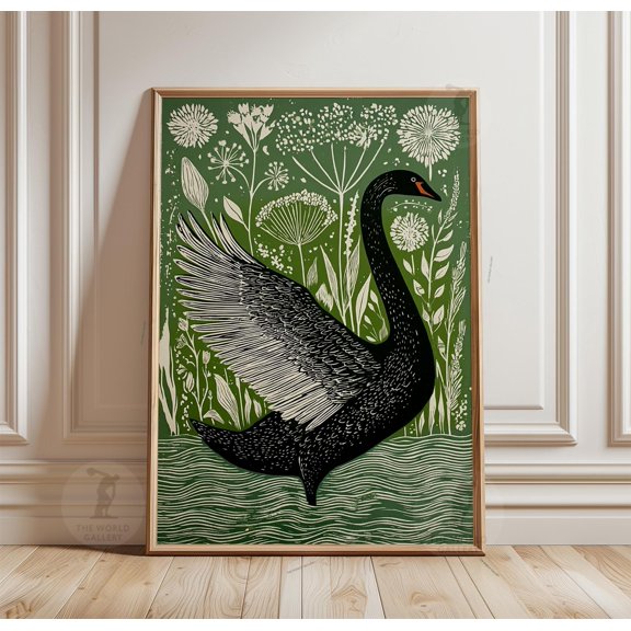 Black Swan Wing Poster, Green Linocut Style Bird Print, Botanical Lake Wall Art, Poster Only
