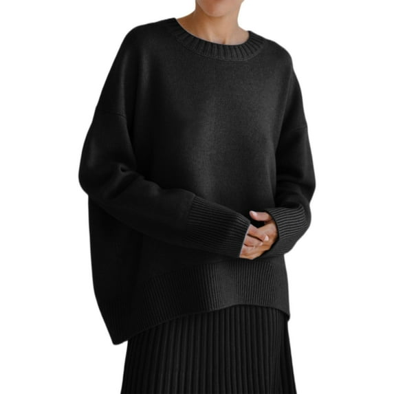 Black Sweaters for Women's Fall and Winter Knit Crew Neck Loose Solid Color Sweater Womens Fall Fashion 2025