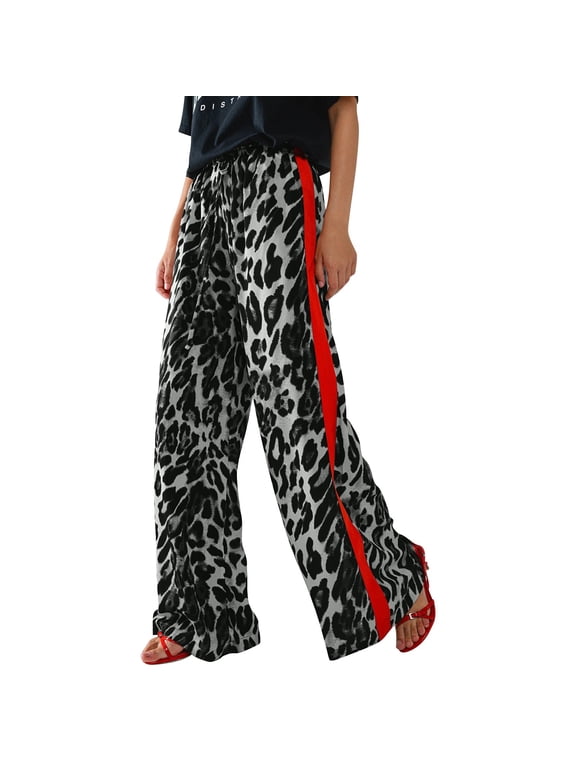 Black Sweatpants Women's Leopard Print and Red Drawstring Wide Leg Pant Fashion Clothing