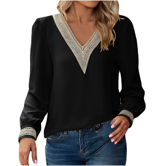 Black Sweatshirt Womens Workout Tank Sweatshirt Solid V Neck Long Sleeve Loose Lace Chiffon Top Women