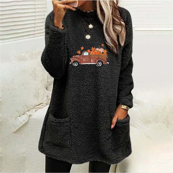 Black Sweatshirt for Women Casual Double Fuzzy Sweatshirt Faux Car Graphic Fleece Zip Pullover Sweaters Sweatshirts Coat Outwear Women Fall Clothes