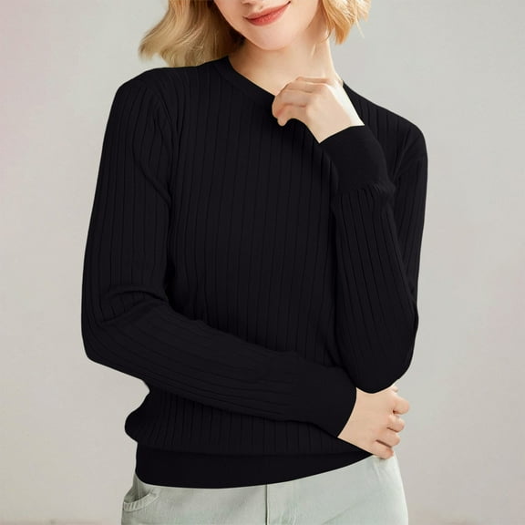 Black Sweatshirt for Women'S Autumn and Winter Round Neck Stripe Bottoming Shirt Fashion Versatile Sweater Solid Soft Sweater Women Fall Clothes